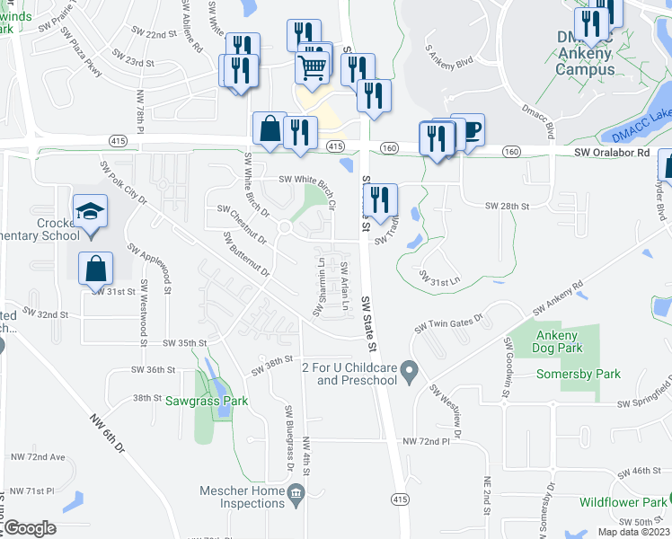 map of restaurants, bars, coffee shops, grocery stores, and more near 3036 Southwest Arlan Lane in Ankeny