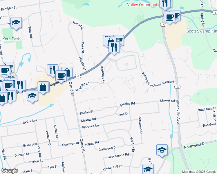 map of restaurants, bars, coffee shops, grocery stores, and more near 8 Cardinal Drive in Farmington