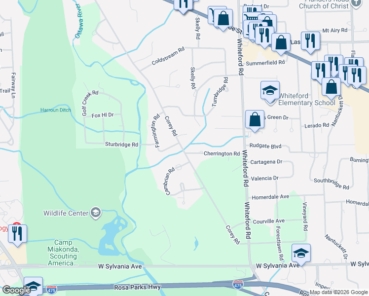 map of restaurants, bars, coffee shops, grocery stores, and more near 4520 Corey Rd in Toledo