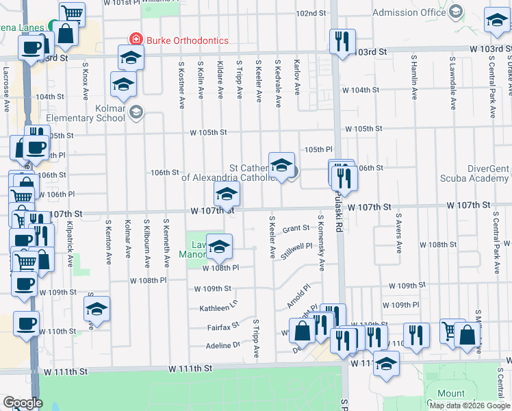 map of restaurants, bars, coffee shops, grocery stores, and more near 10658 South Keeler Avenue in Oak Lawn