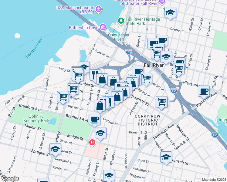 map of restaurants, bars, coffee shops, grocery stores, and more near 30 Hunter Street in Fall River