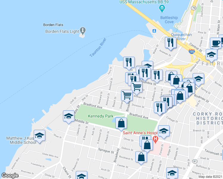 map of restaurants, bars, coffee shops, grocery stores, and more near 85 William Street in Fall River