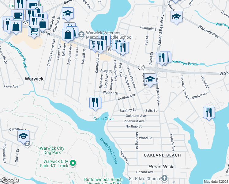 map of restaurants, bars, coffee shops, grocery stores, and more near 38 Watson Street in Warwick