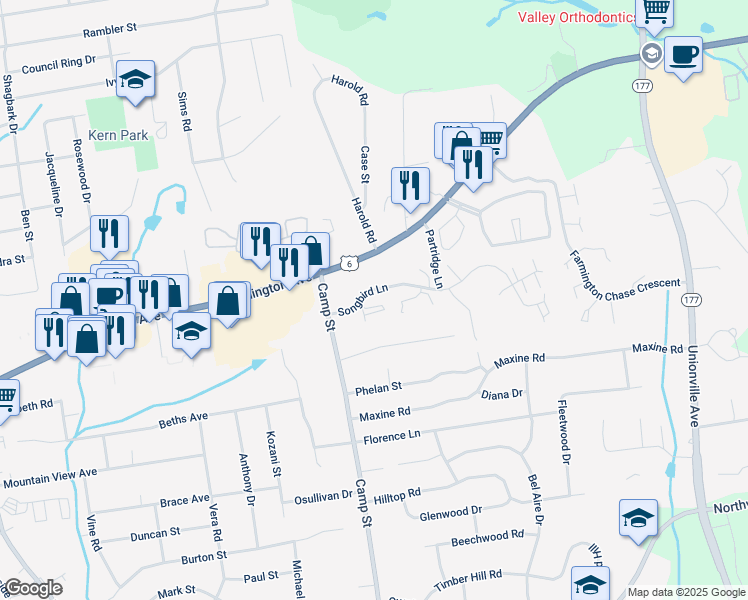 map of restaurants, bars, coffee shops, grocery stores, and more near 67 Songbird Lane in Farmington