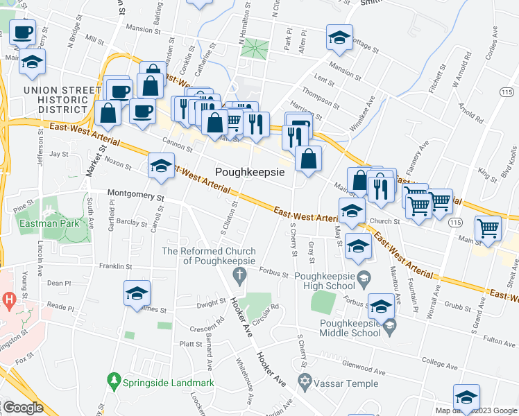 map of restaurants, bars, coffee shops, grocery stores, and more near 286 Church Street in Poughkeepsie