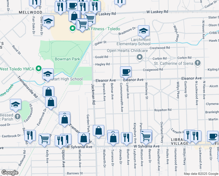 map of restaurants, bars, coffee shops, grocery stores, and more near 4410 Berwick Avenue in Toledo