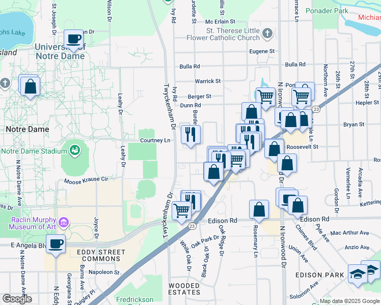 map of restaurants, bars, coffee shops, grocery stores, and more near 1735 Burdette Street in South Bend
