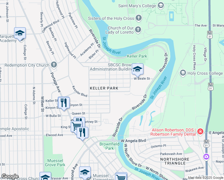 map of restaurants, bars, coffee shops, grocery stores, and more near 922 Roosevelt Street in South Bend