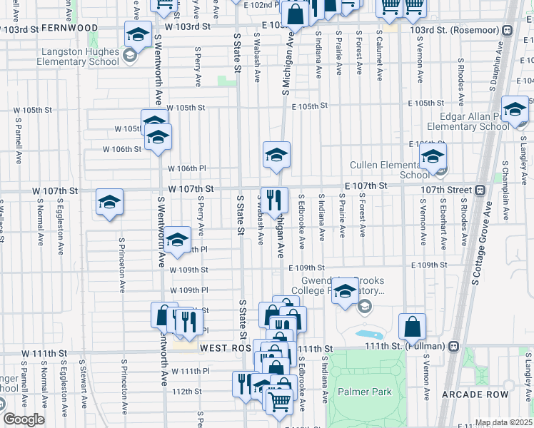 map of restaurants, bars, coffee shops, grocery stores, and more near 10744 South Michigan Avenue in Chicago