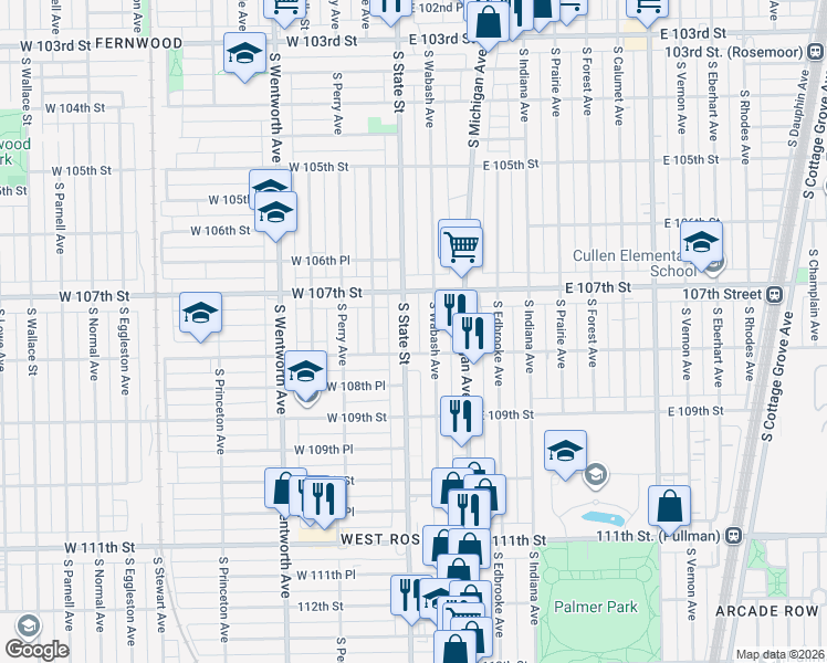 map of restaurants, bars, coffee shops, grocery stores, and more near 10746 South Wabash Avenue in Chicago