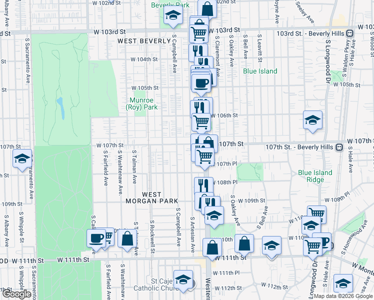 map of restaurants, bars, coffee shops, grocery stores, and more near 10717 South Artesian Avenue in Chicago