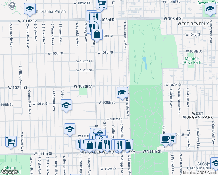 map of restaurants, bars, coffee shops, grocery stores, and more near 10710 South Albany Avenue in Chicago