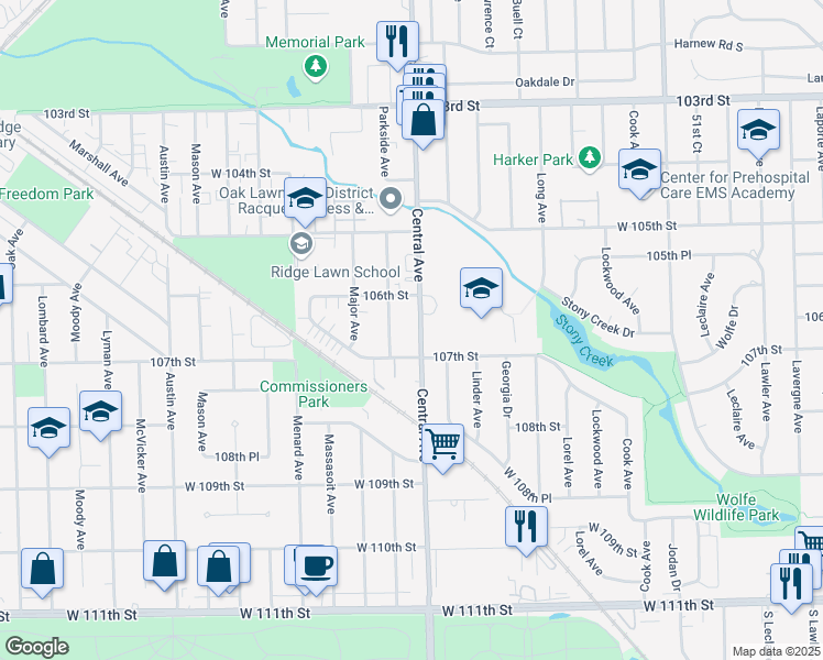 map of restaurants, bars, coffee shops, grocery stores, and more near 10639 Parkside Avenue in Chicago Ridge