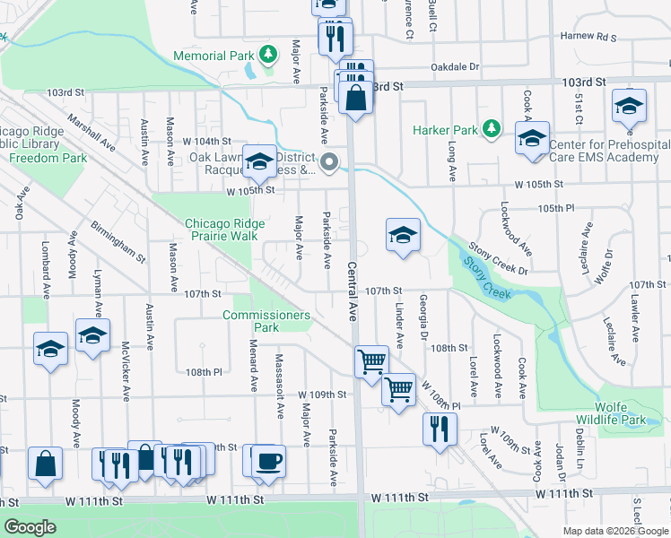 map of restaurants, bars, coffee shops, grocery stores, and more near 10639 Parkside Avenue in Chicago Ridge
