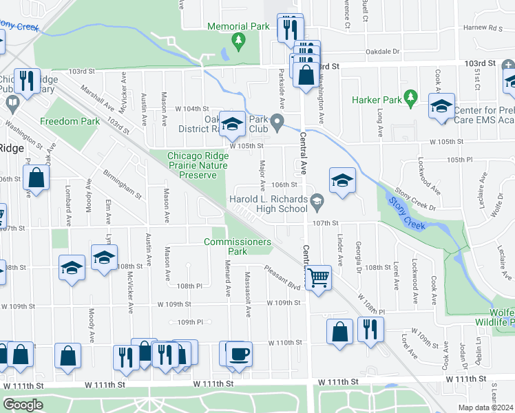 map of restaurants, bars, coffee shops, grocery stores, and more near 10631 Major Avenue in Chicago Ridge