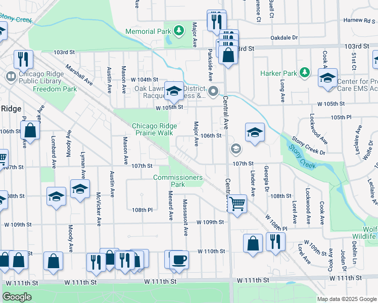 map of restaurants, bars, coffee shops, grocery stores, and more near 5725 Ridgemont Lane in Chicago Ridge