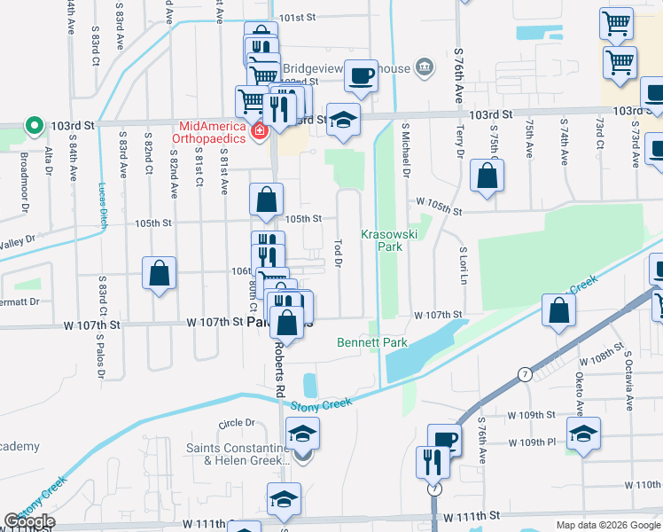 map of restaurants, bars, coffee shops, grocery stores, and more near 10600 Tod Drive in Palos Hills