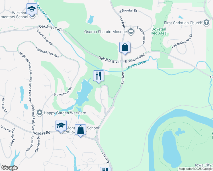 map of restaurants, bars, coffee shops, grocery stores, and more near 1865 Country Club Drive in Coralville