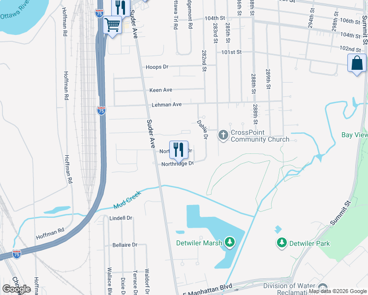 map of restaurants, bars, coffee shops, grocery stores, and more near 2063 Northwyck Drive in Toledo