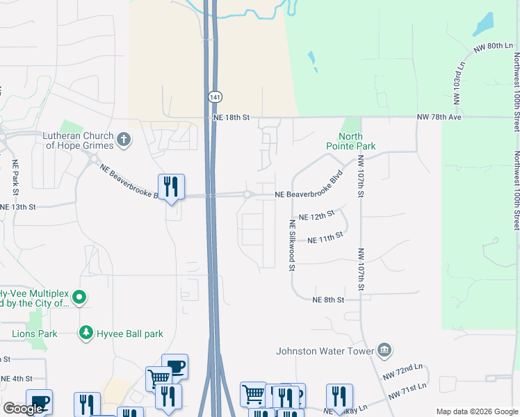 map of restaurants, bars, coffee shops, grocery stores, and more near 1360 Northeast Primrose Lane in Grimes