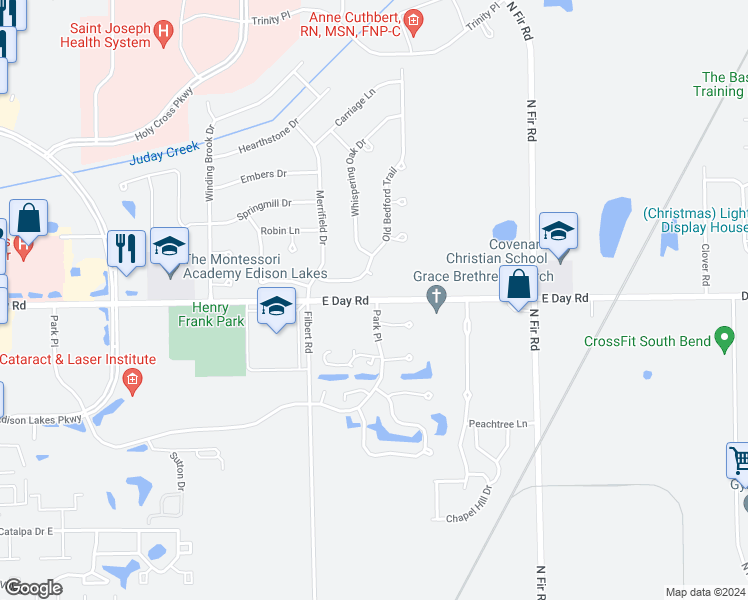 map of restaurants, bars, coffee shops, grocery stores, and more near East Day Road in Mishawaka
