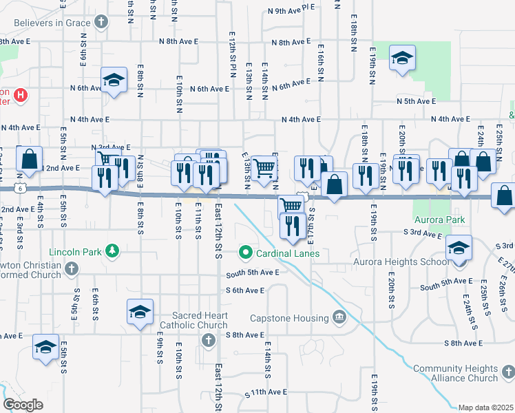 map of restaurants, bars, coffee shops, grocery stores, and more near 1311 1st Avenue East in Newton