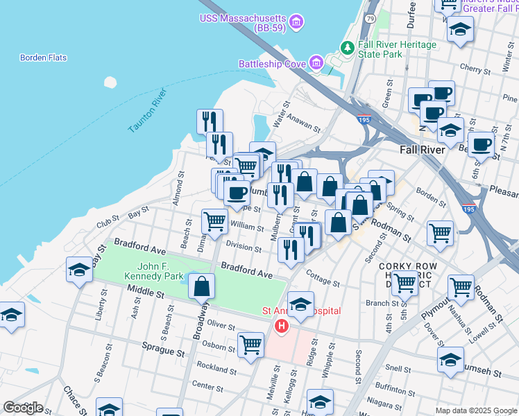 map of restaurants, bars, coffee shops, grocery stores, and more near 216 Hope Street in Fall River