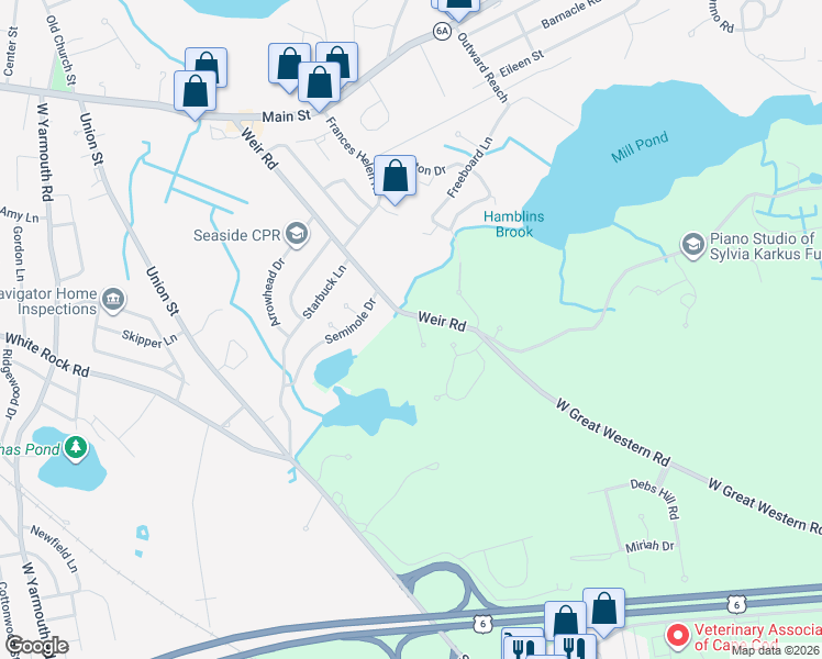 map of restaurants, bars, coffee shops, grocery stores, and more near 10 Lexington Lane in Yarmouth