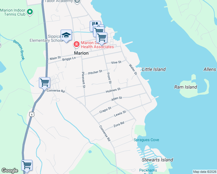 map of restaurants, bars, coffee shops, grocery stores, and more near 43 Holmes Street in Marion