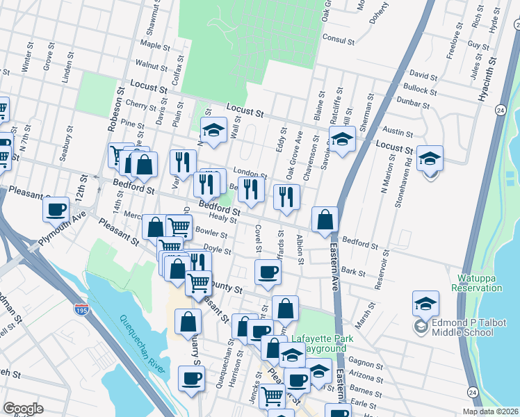 map of restaurants, bars, coffee shops, grocery stores, and more near 1076 Bedford Street in Fall River