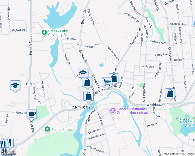 map of restaurants, bars, coffee shops, grocery stores, and more near 21 Boston Street in Coventry