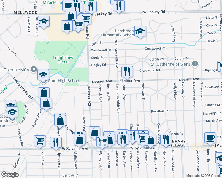 map of restaurants, bars, coffee shops, grocery stores, and more near 4415 Commonwealth Avenue in Toledo