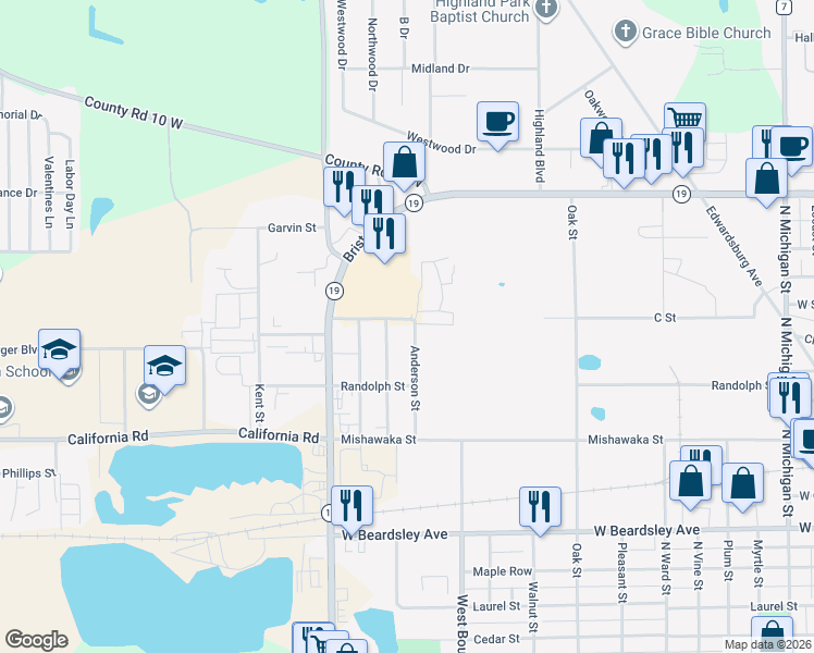 map of restaurants, bars, coffee shops, grocery stores, and more near 1132 Thornton Street in Elkhart