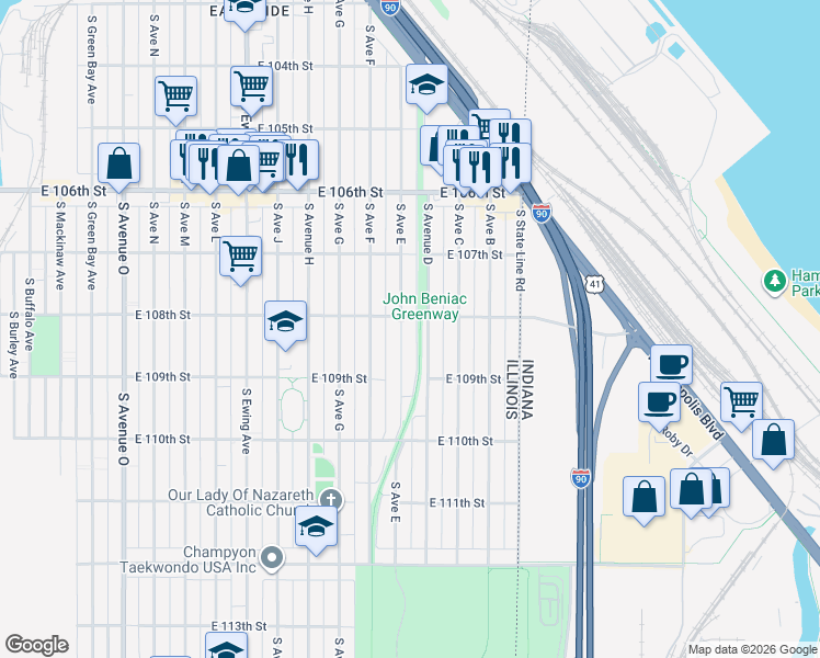 map of restaurants, bars, coffee shops, grocery stores, and more near 10816 South Avenue East in Chicago
