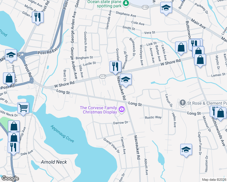 map of restaurants, bars, coffee shops, grocery stores, and more near 31 Tex Court in Warwick