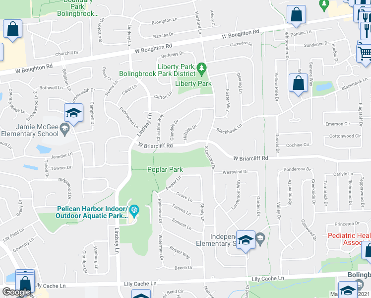 map of restaurants, bars, coffee shops, grocery stores, and more near 859 West Briarcliff Road in Bolingbrook