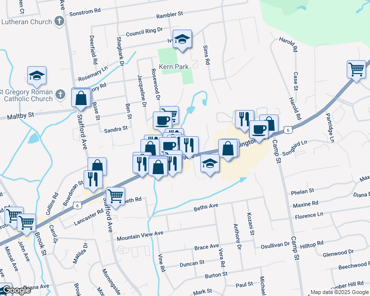 map of restaurants, bars, coffee shops, grocery stores, and more near 1247 Farmington Avenue in Bristol