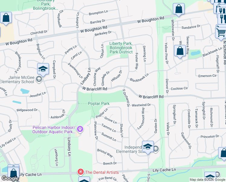 map of restaurants, bars, coffee shops, grocery stores, and more near 859 West Briarcliff Road in Bolingbrook