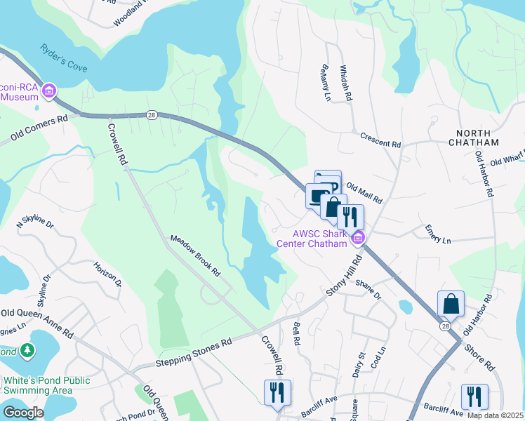 map of restaurants, bars, coffee shops, grocery stores, and more near 119 Misty Meadow Lane in Chatham