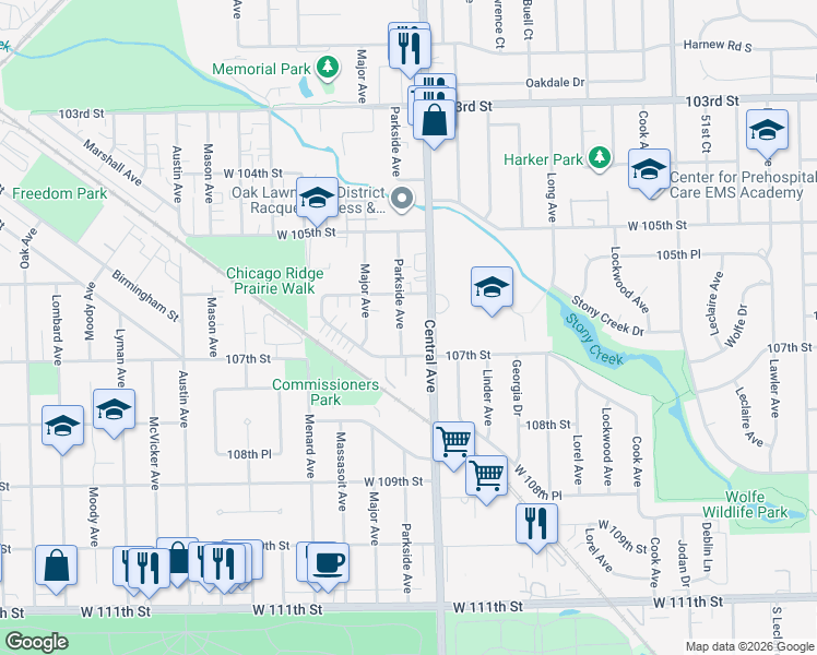 map of restaurants, bars, coffee shops, grocery stores, and more near 10639 Parkside Avenue in Chicago Ridge