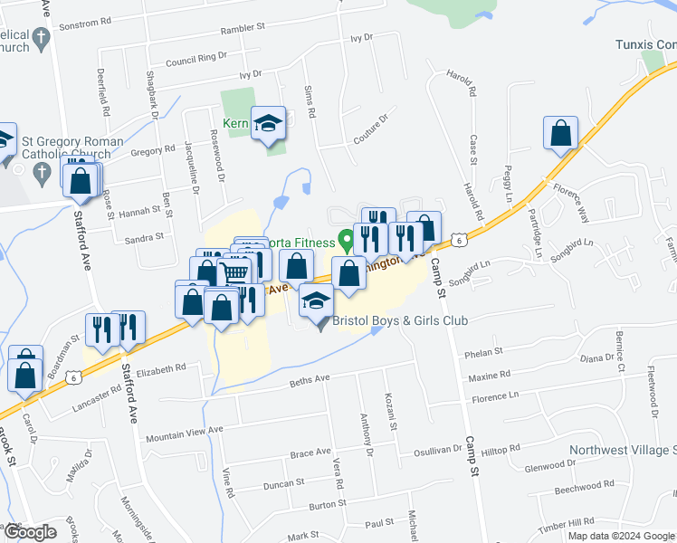 map of restaurants, bars, coffee shops, grocery stores, and more near 1325 Farmington Avenue in Bristol