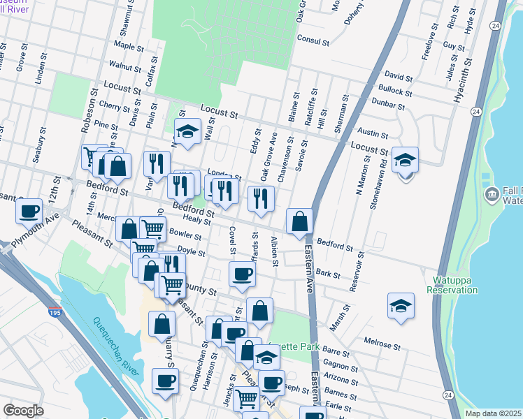 map of restaurants, bars, coffee shops, grocery stores, and more near 26 Oak Grove Avenue in Fall River