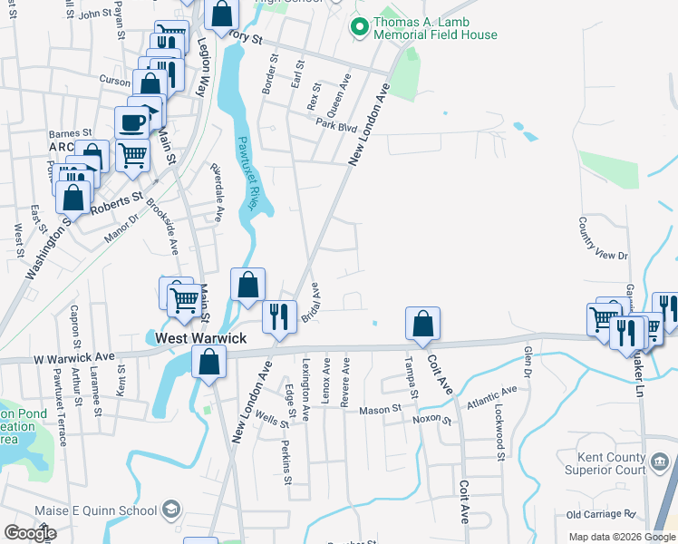 map of restaurants, bars, coffee shops, grocery stores, and more near 34 Gerald Street in Warwick