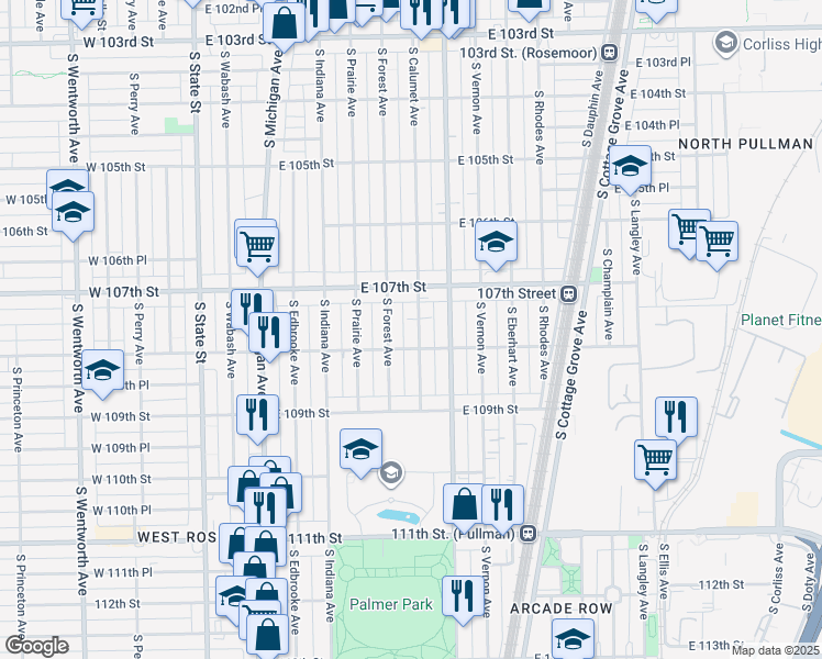 map of restaurants, bars, coffee shops, grocery stores, and more near 10742 South Calumet Avenue in Chicago