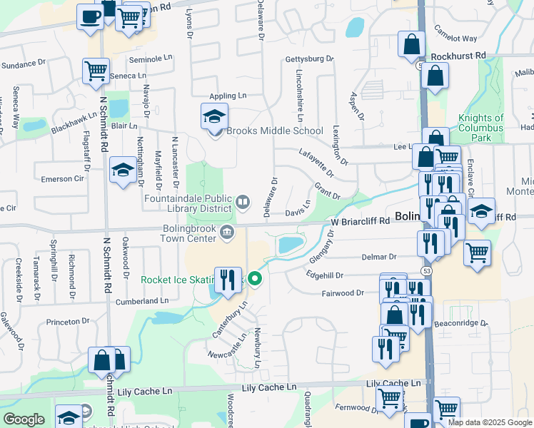 map of restaurants, bars, coffee shops, grocery stores, and more near 419 Trout Farm Road in Bolingbrook