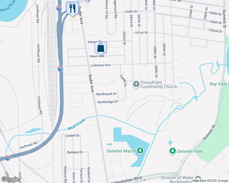 map of restaurants, bars, coffee shops, grocery stores, and more near 2063 Northwyck Drive in Toledo