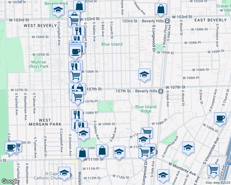map of restaurants, bars, coffee shops, grocery stores, and more near 2161 West 107th Street in Chicago