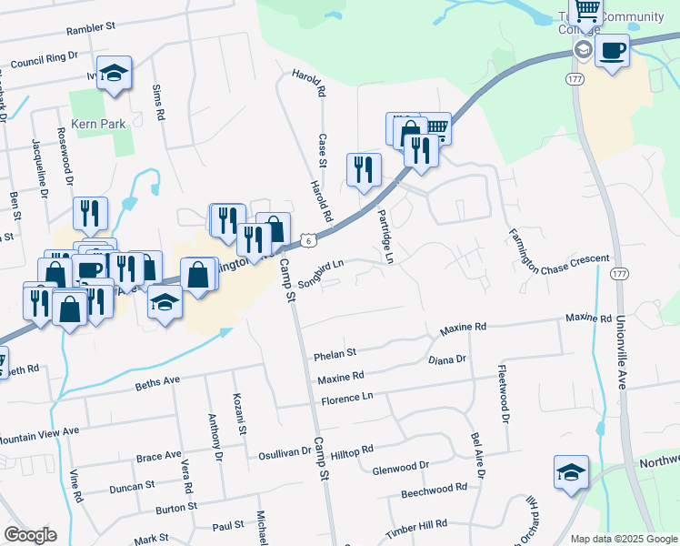 map of restaurants, bars, coffee shops, grocery stores, and more near 67 Songbird Lane in Farmington