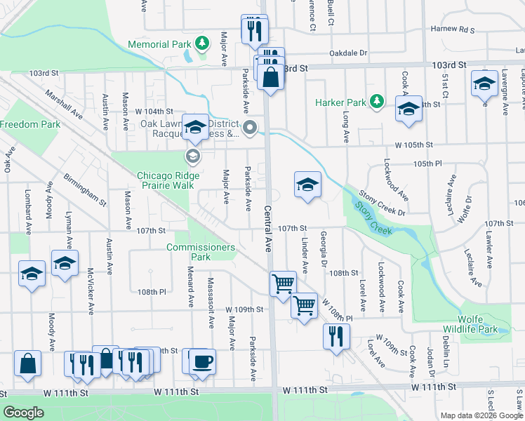 map of restaurants, bars, coffee shops, grocery stores, and more near 10639 Parkside Avenue in Chicago Ridge