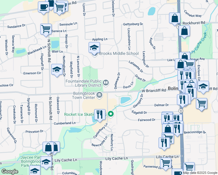 map of restaurants, bars, coffee shops, grocery stores, and more near 300 West Briarcliff Road in Bolingbrook